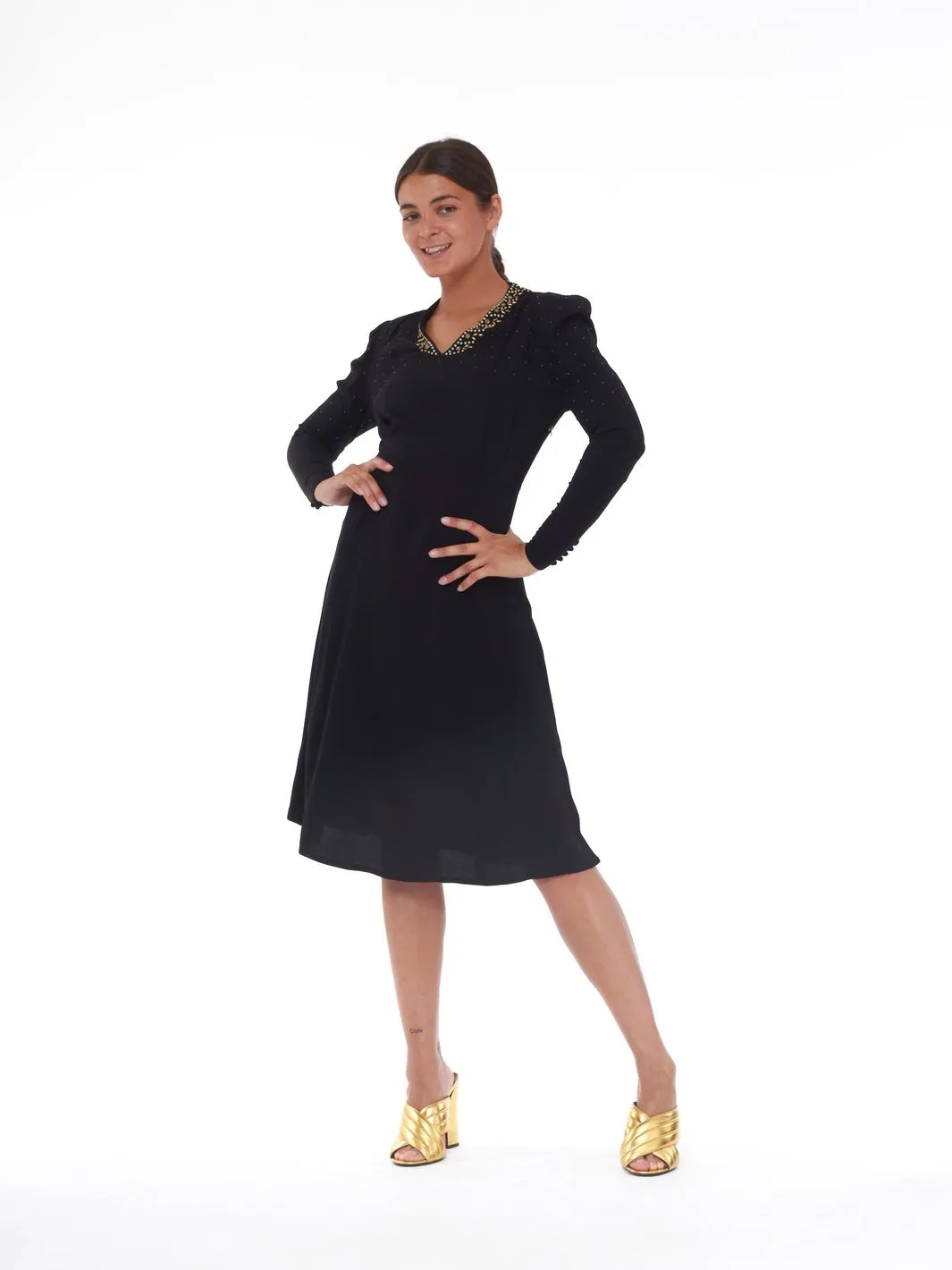 1940s black sartorial dress with metallic apliques