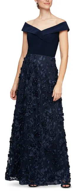 Alex Evenings Women's Off the Shoulder 3D Flower a Line Dress Blue Size 16