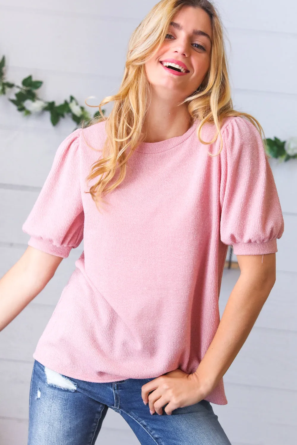 Baby Pink Puff Sleeve Two Tone Sweater Top