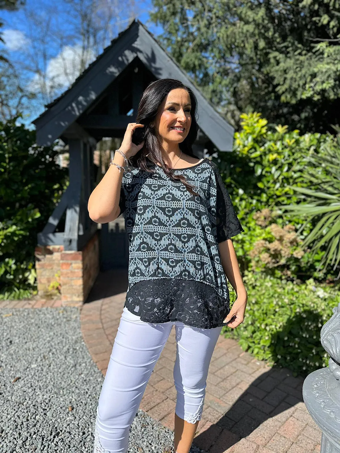 Black Lace Trim Patterned Top Olivia