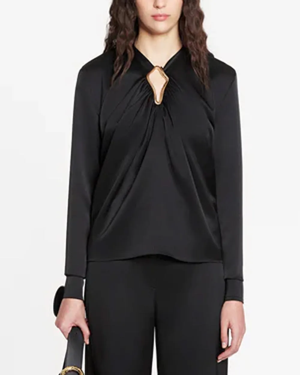 Black Long Sleeve Keyhole Draped Blouse