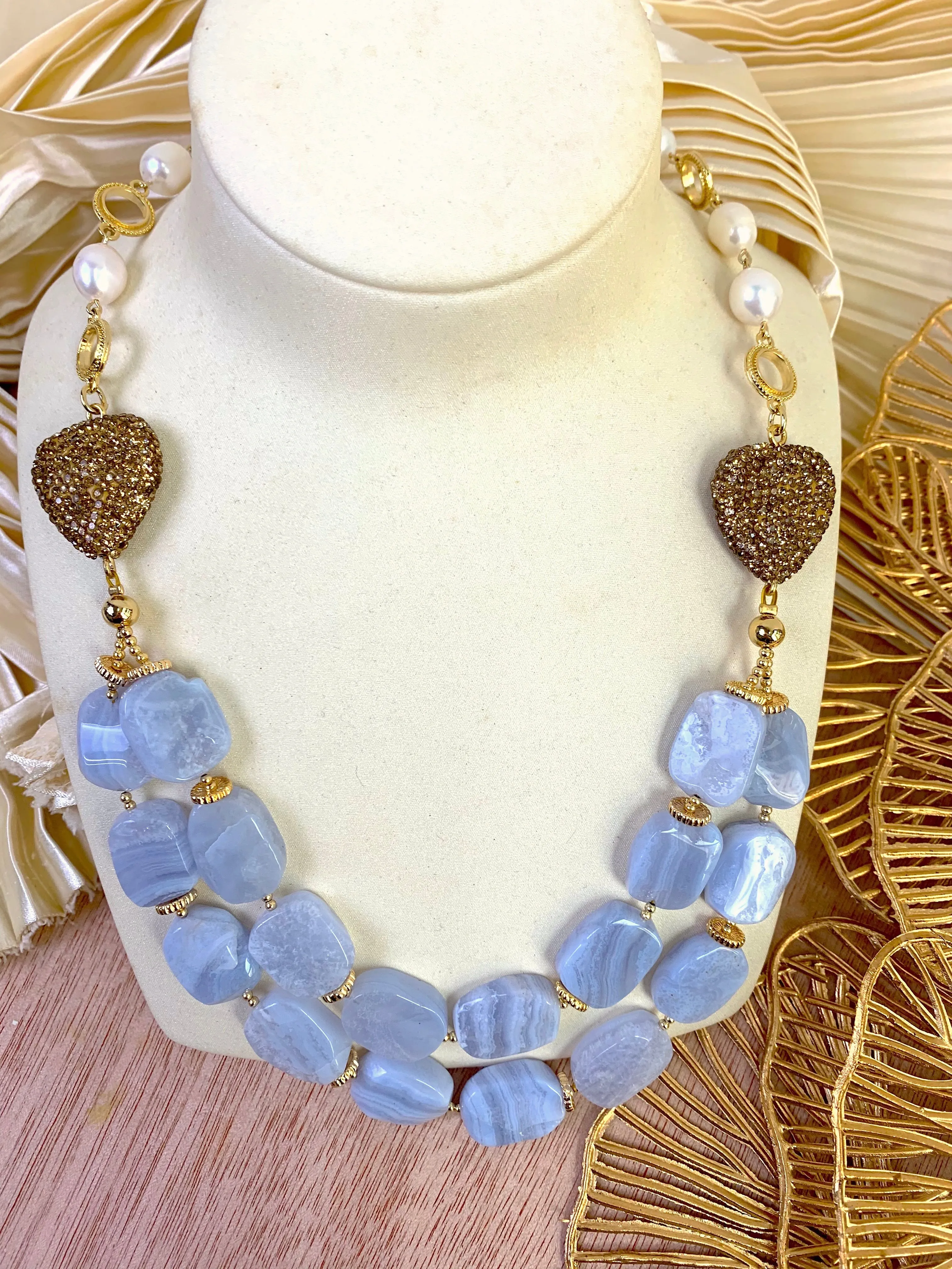 Blue Lace Agate With Fresh Water Charm Double layers Necklace EN008