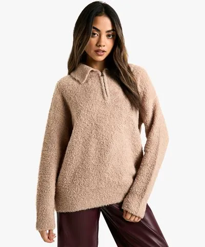 boohoo Womens Boucle Knit Collar Detail Sweater