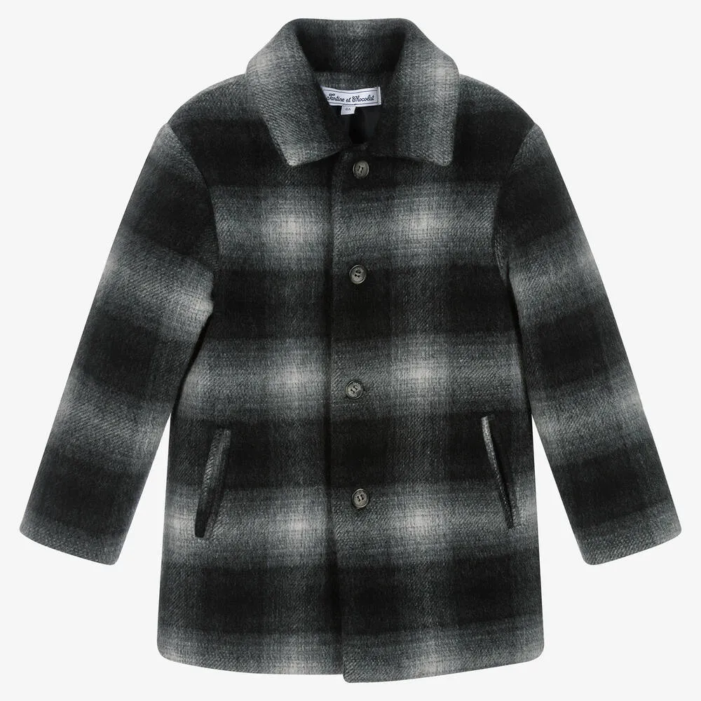 Boys Grey Check Wool Coat