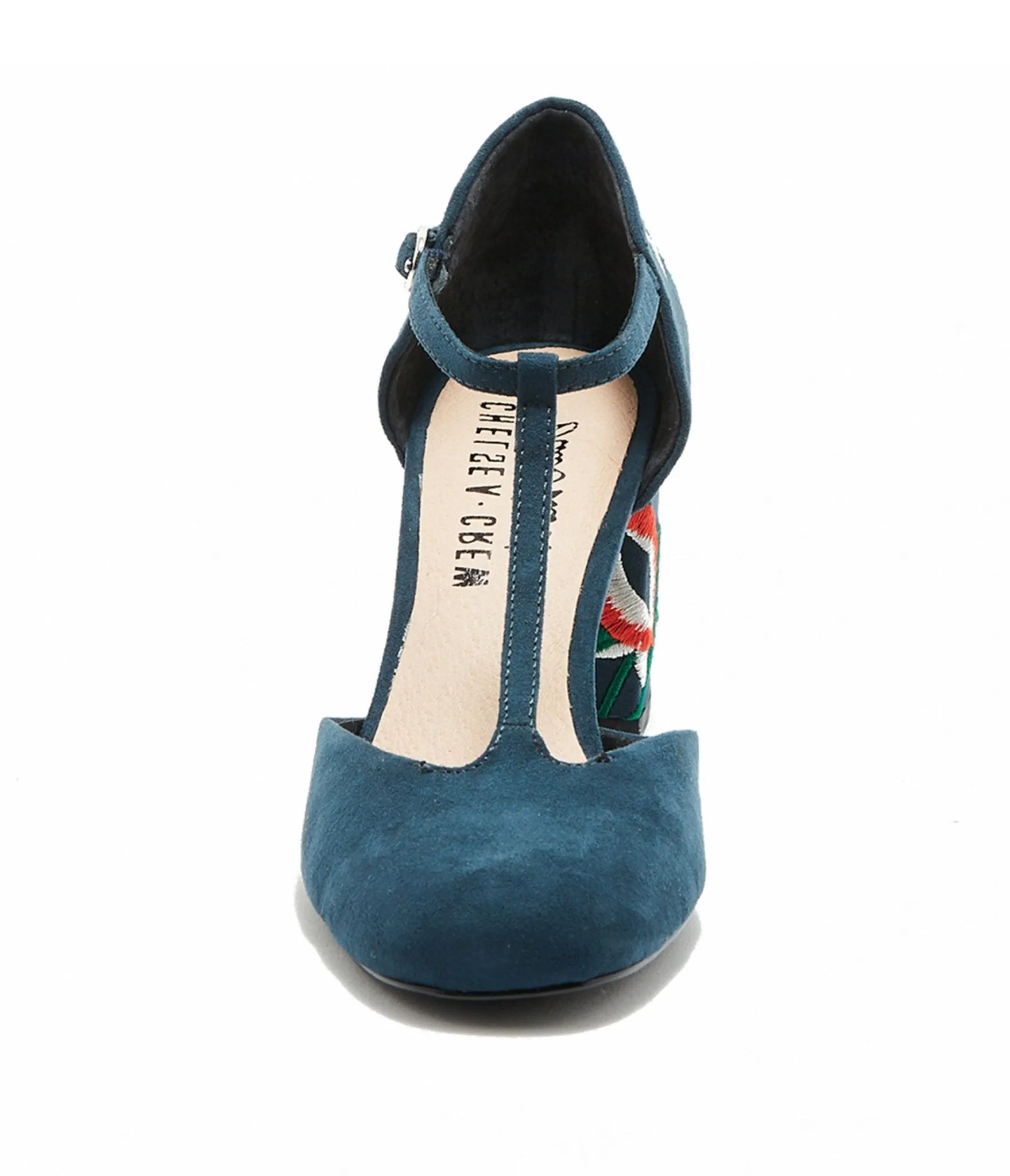 Chelsea Crew 1920s Navy T-Strap Embroidered Frenchie Heels