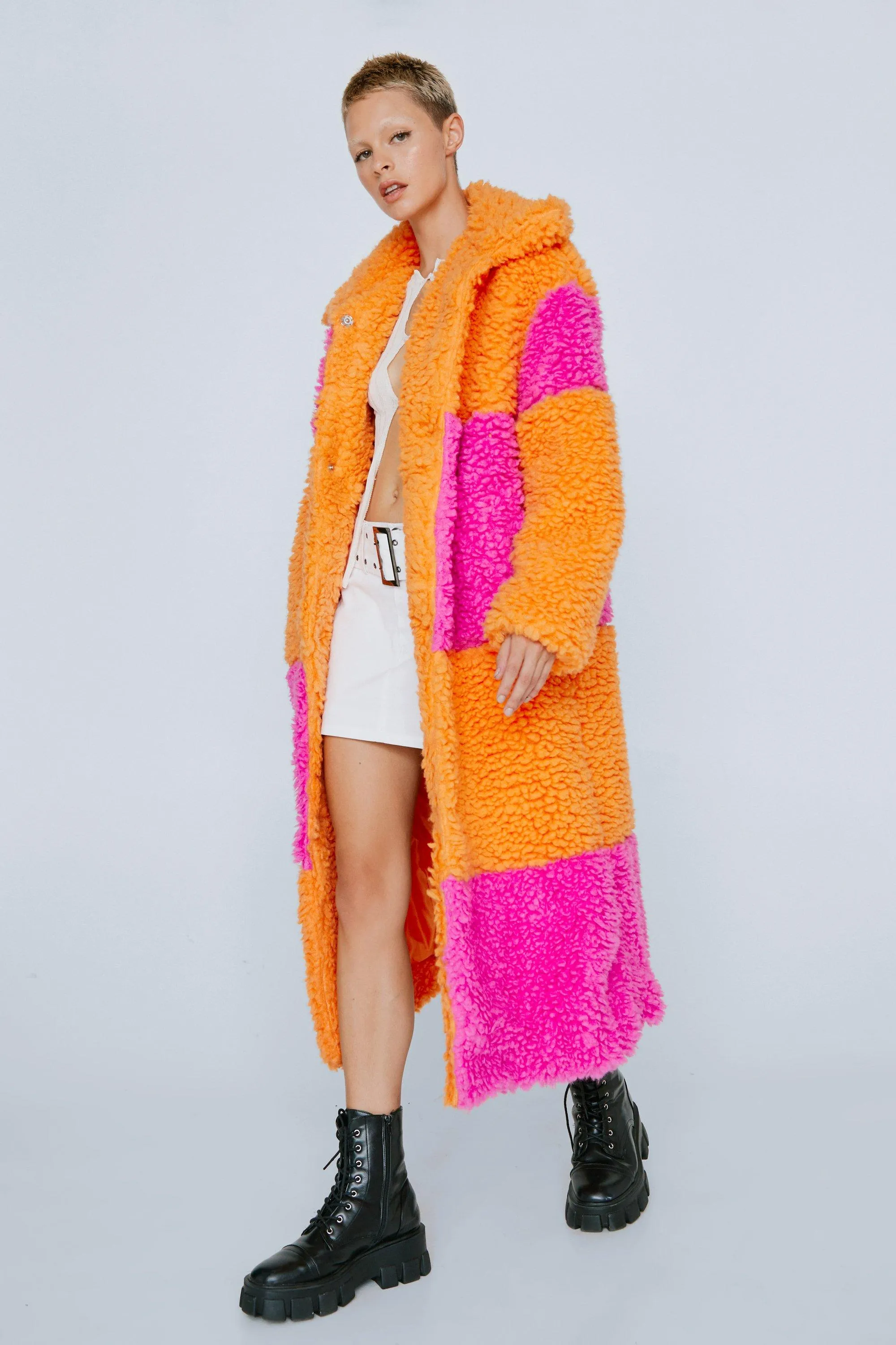 Color Block Borg Longline Coat