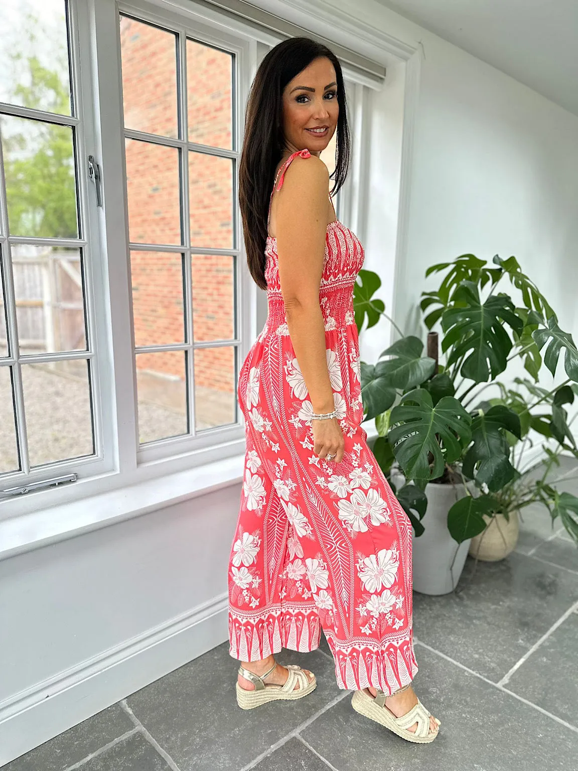 Coral Flower Print Jumpsuit