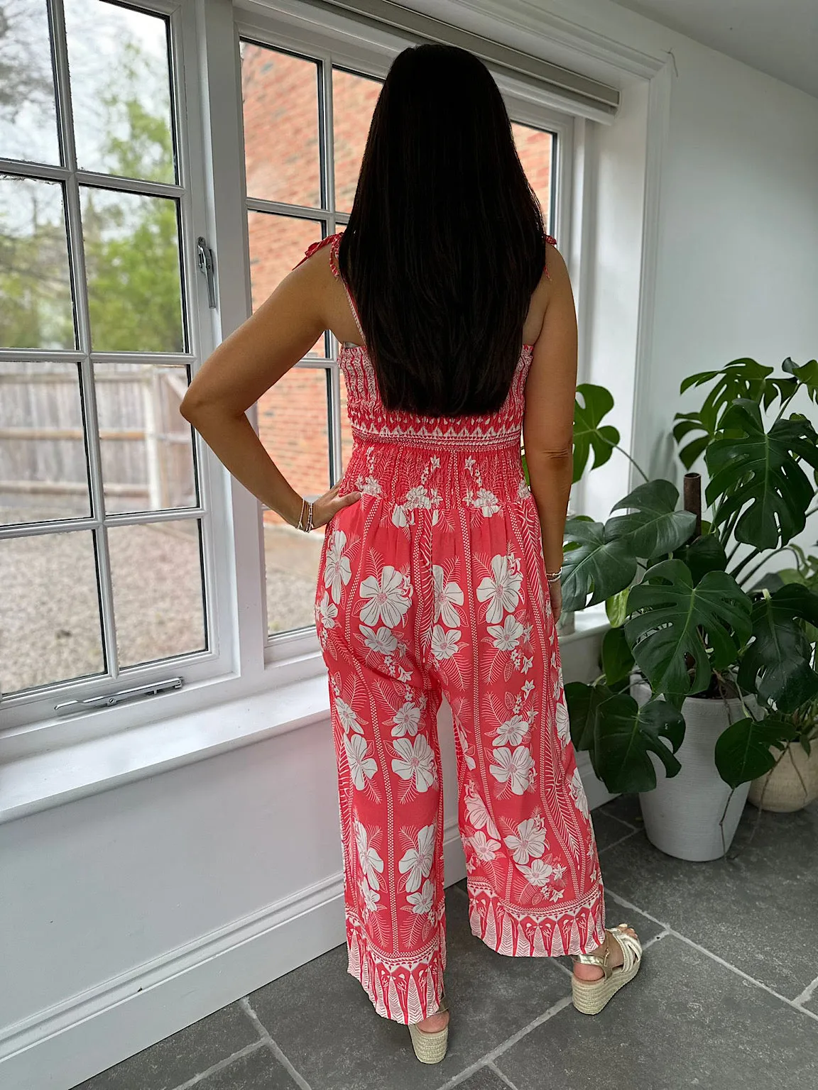 Coral Flower Print Jumpsuit