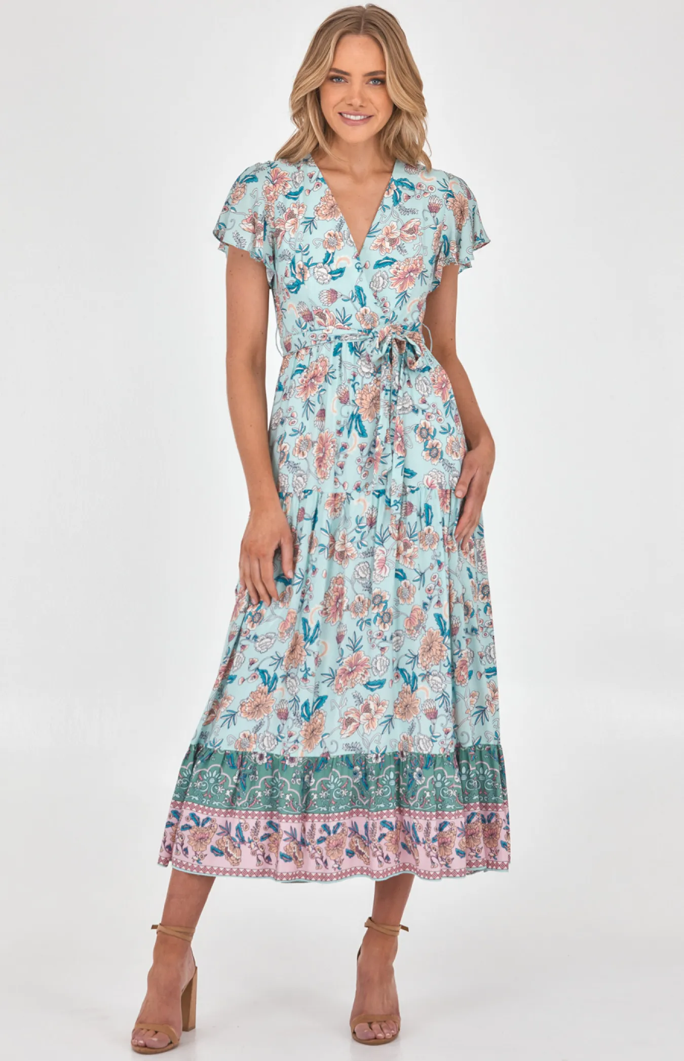 Cotton Boho Placement Print Maxi Dress with Butterfly Sleeves (SDR957B)