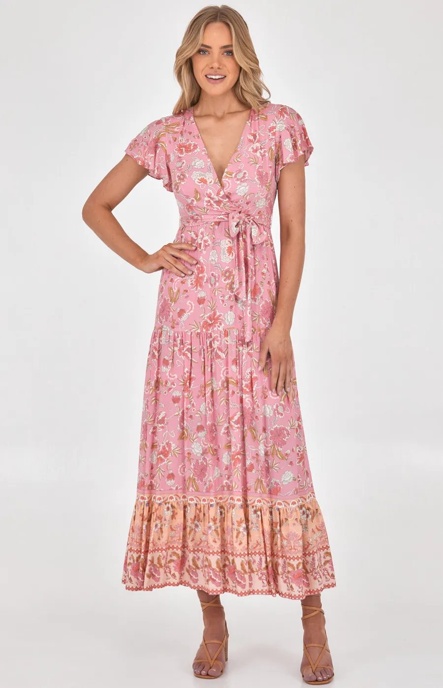 Cotton Boho Placement Print Maxi Dress with Butterfly Sleeves (SDR957B)