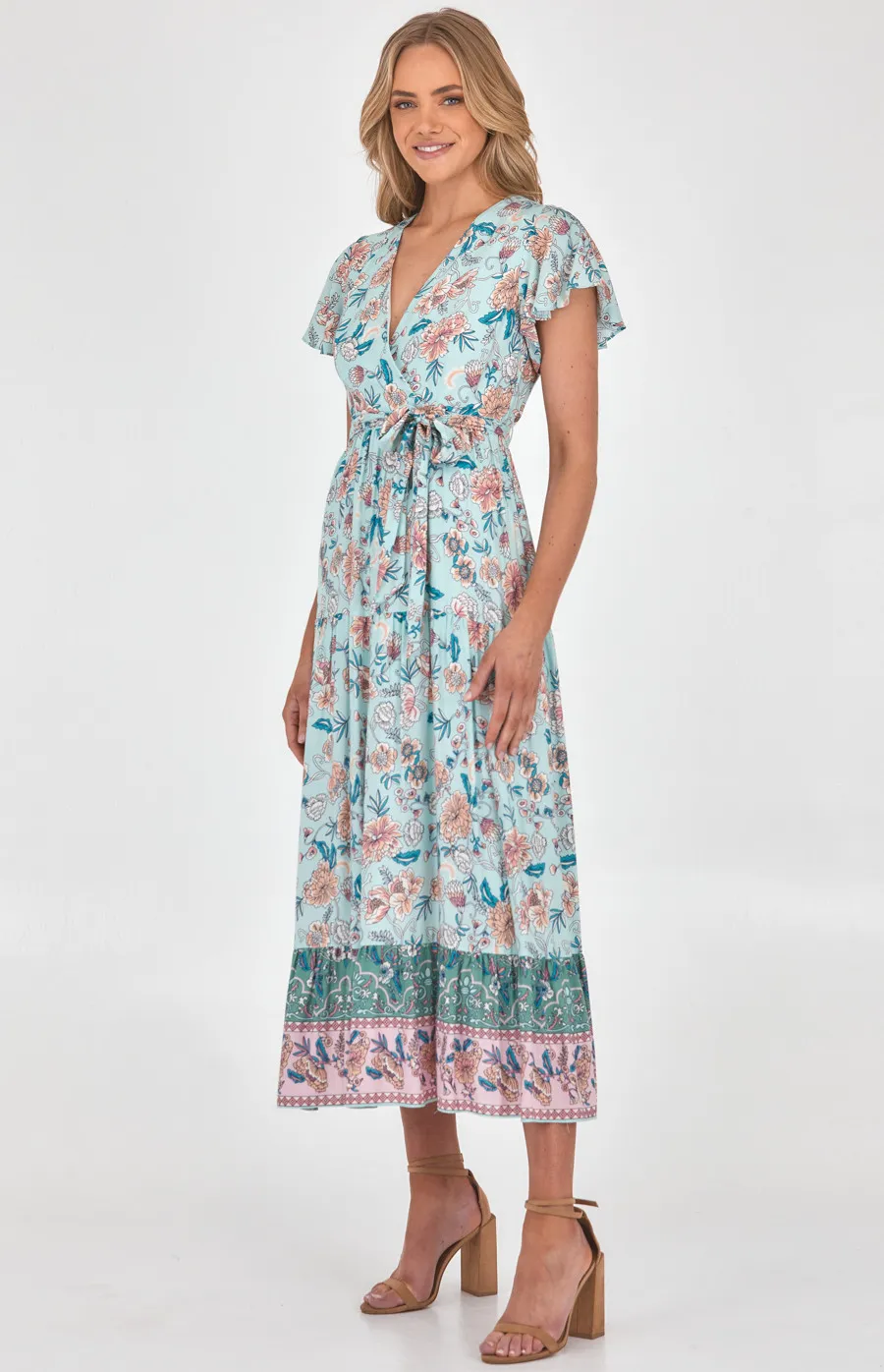 Cotton Boho Placement Print Maxi Dress with Butterfly Sleeves (SDR957B)