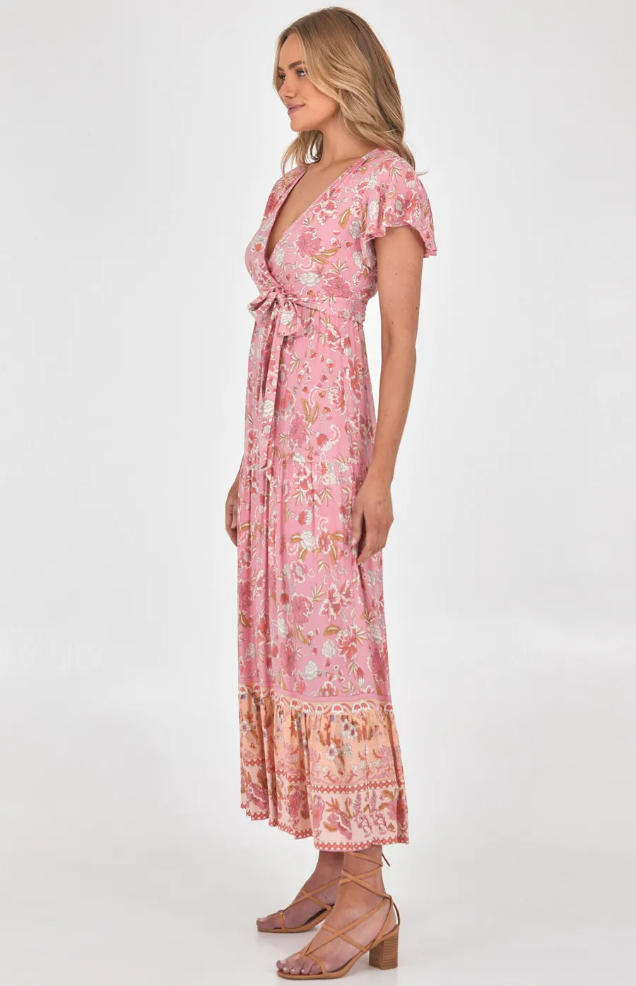 Cotton Boho Placement Print Maxi Dress with Butterfly Sleeves (SDR957B)