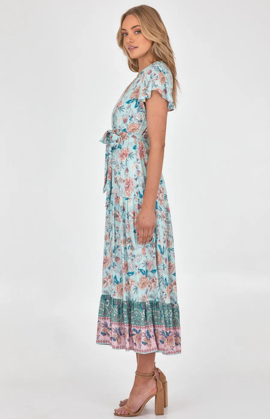 Cotton Boho Placement Print Maxi Dress with Butterfly Sleeves (SDR957B)