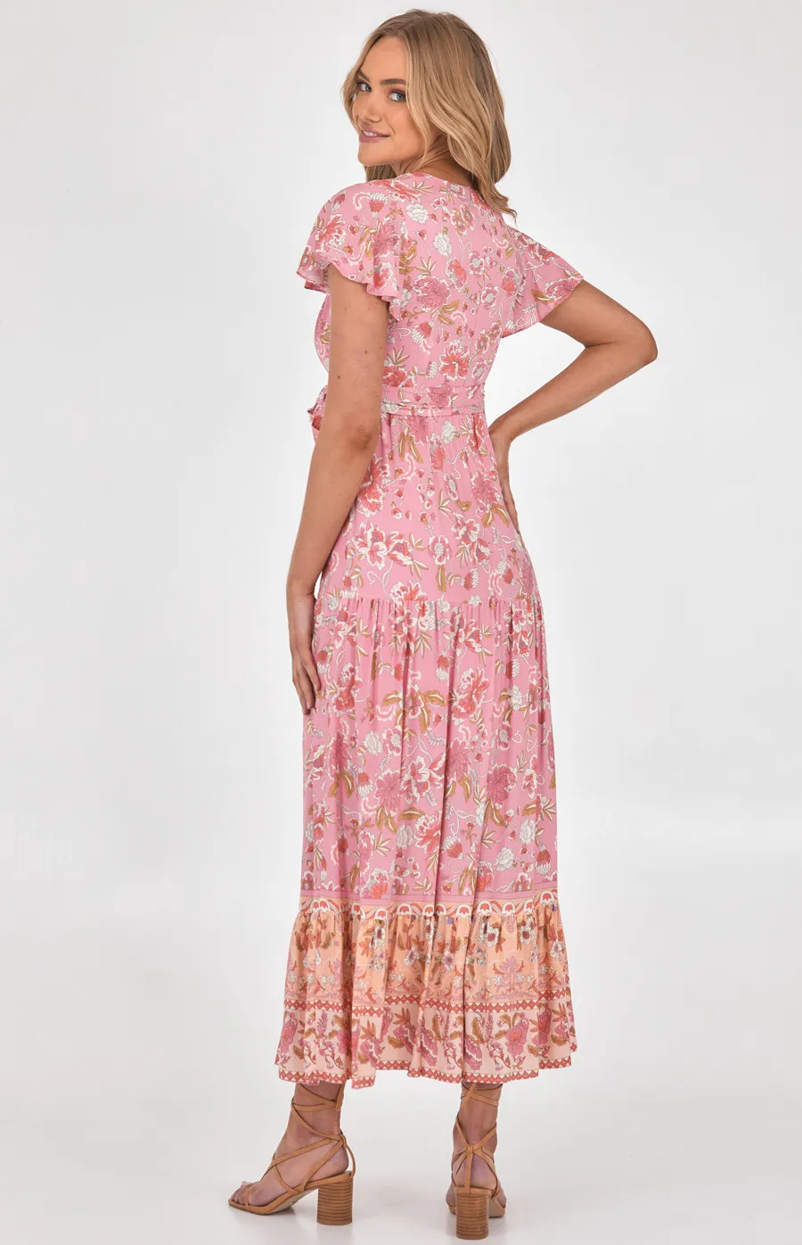 Cotton Boho Placement Print Maxi Dress with Butterfly Sleeves (SDR957B)