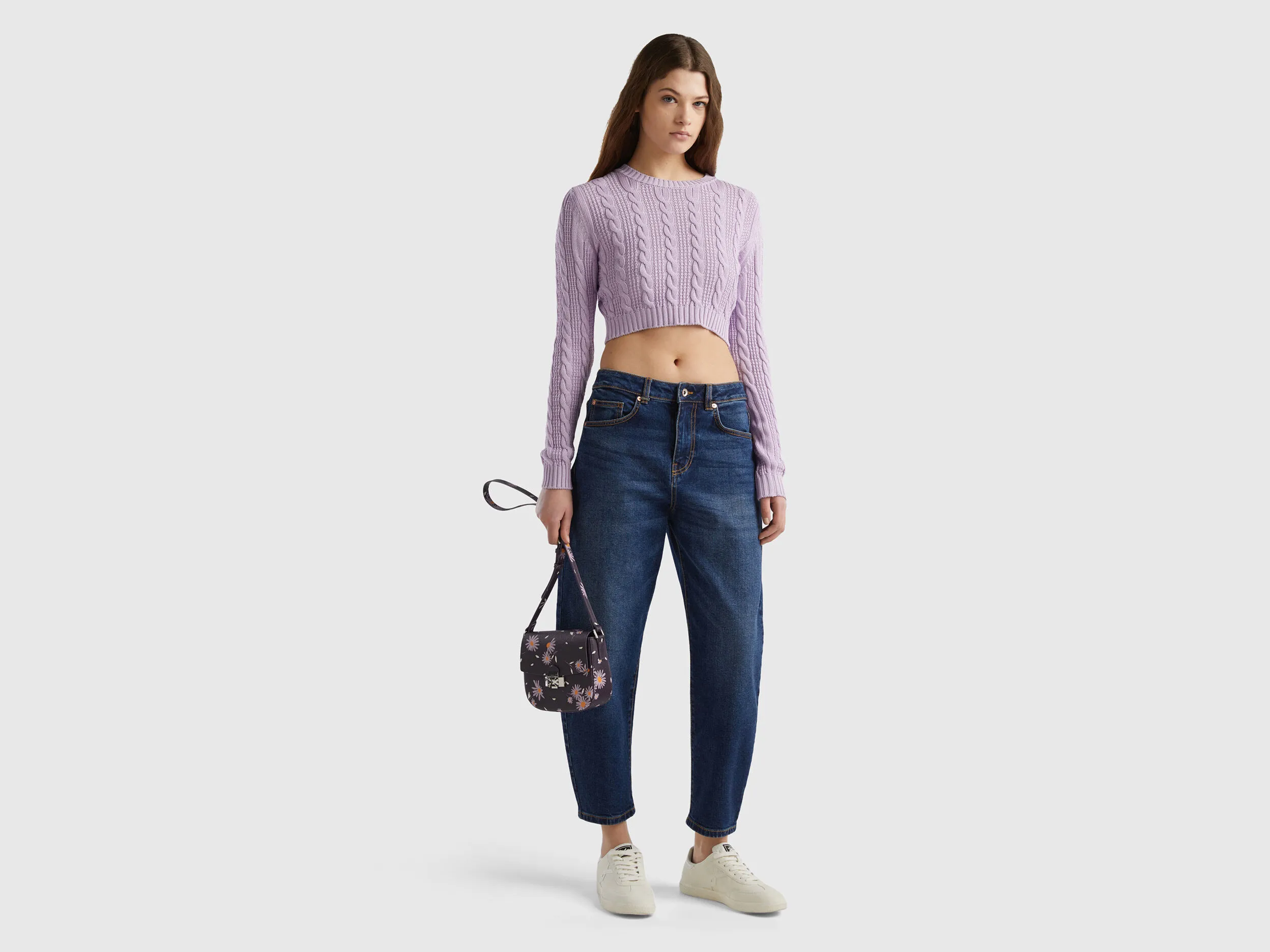 Cropped cable knit sweater - Lilac | Benetton