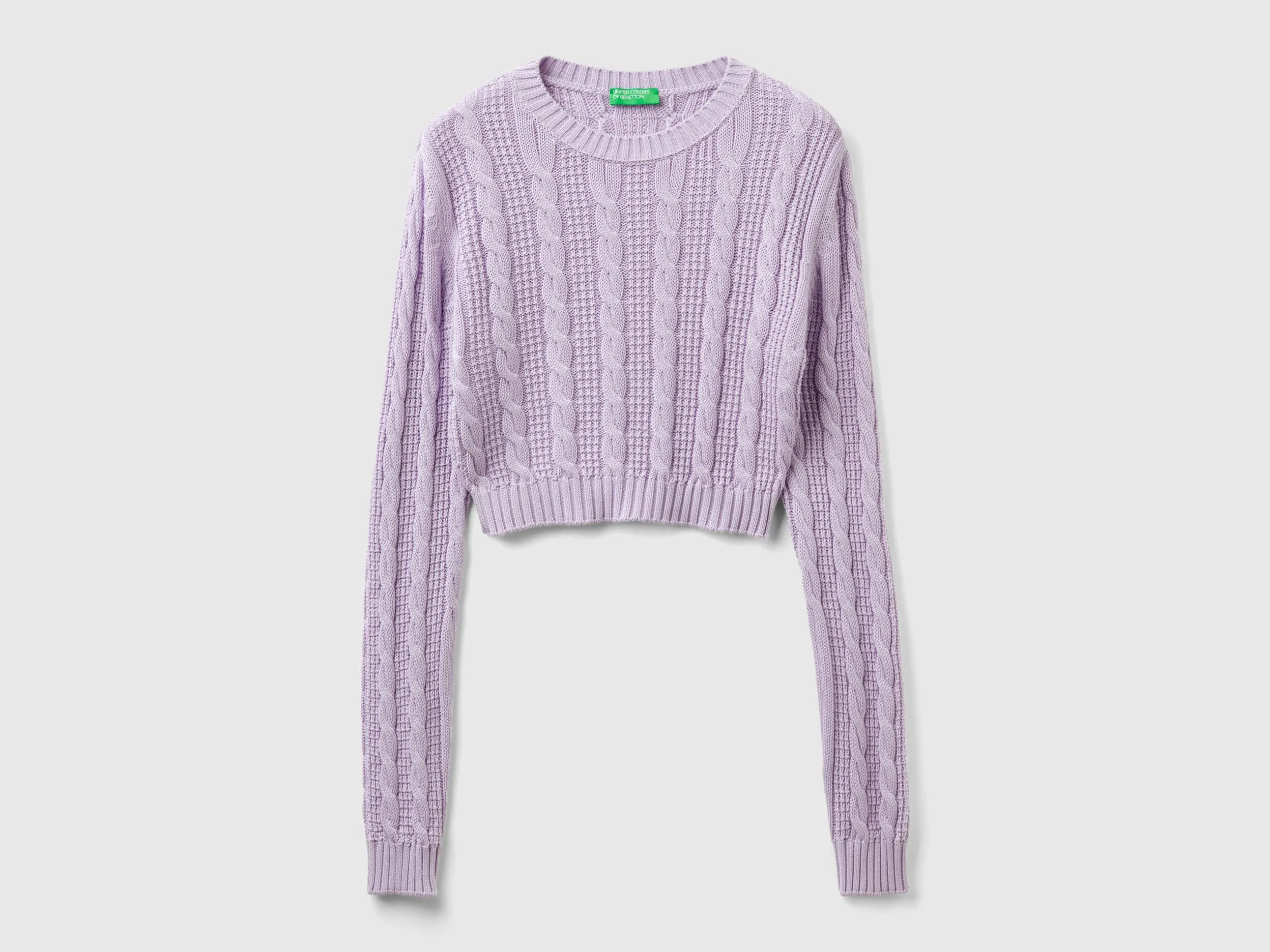 Cropped cable knit sweater - Lilac | Benetton