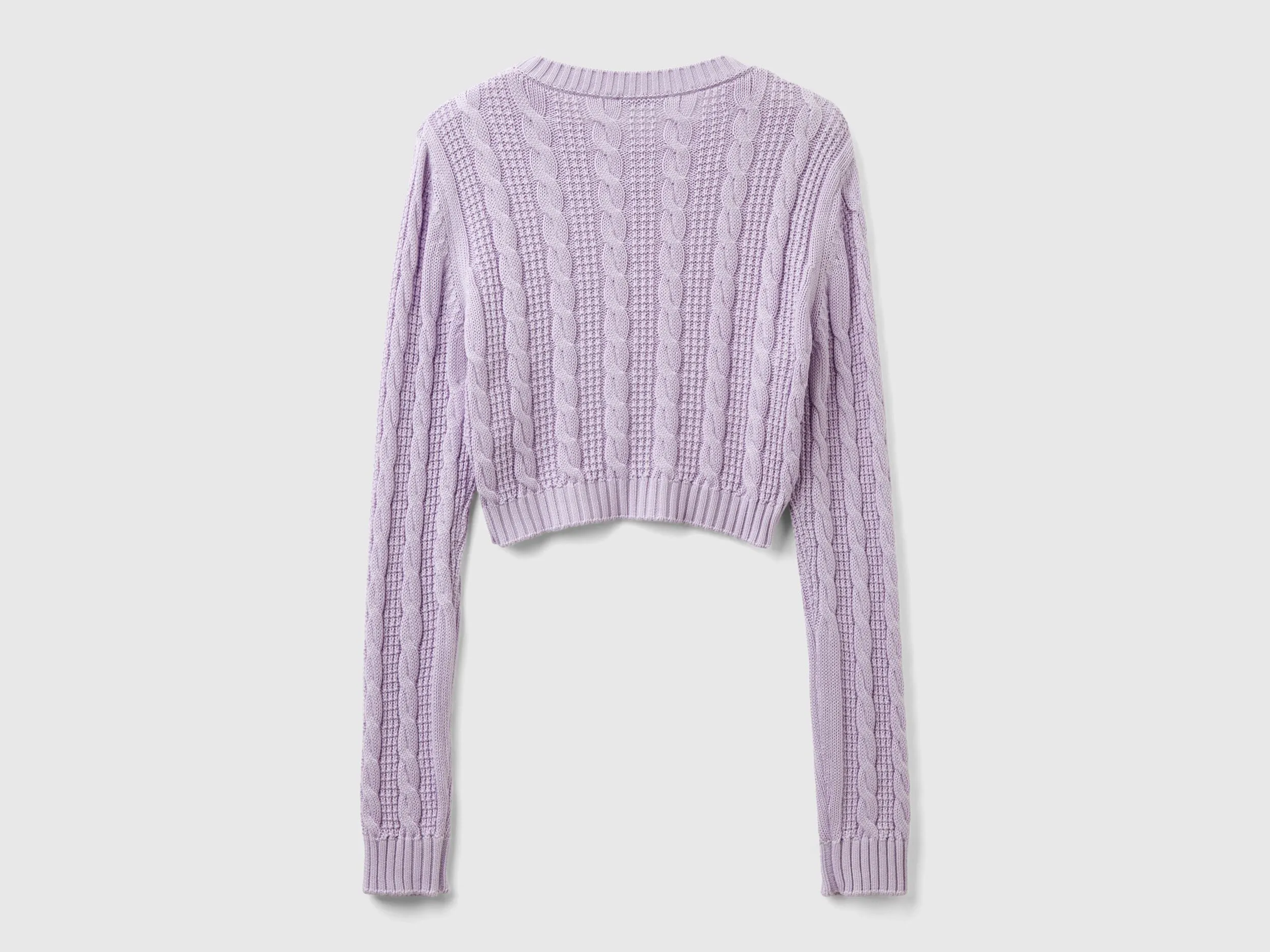 Cropped cable knit sweater - Lilac | Benetton