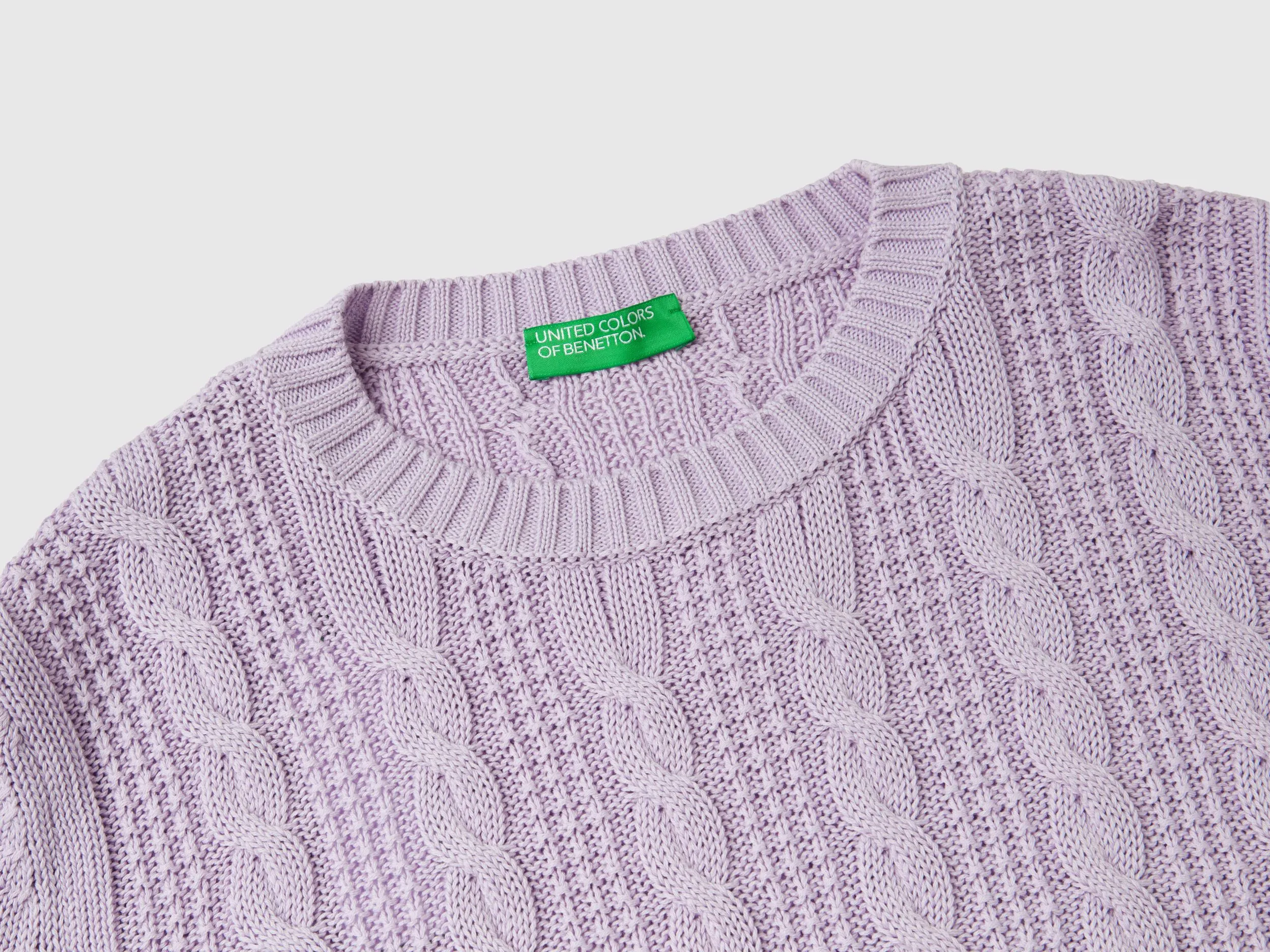 Cropped cable knit sweater - Lilac | Benetton