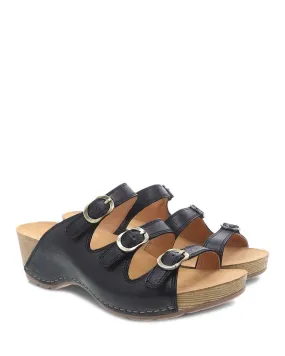 Dansko Womens Tarin Three Strap Slide Sandal- Black Smooth Leather