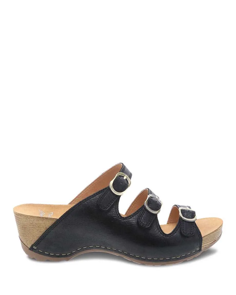 Dansko Womens Tarin Three Strap Slide Sandal- Black Smooth Leather