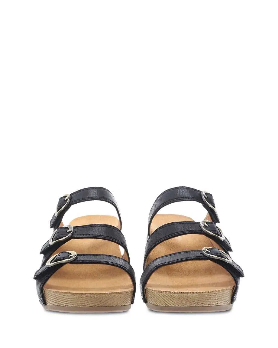 Dansko Womens Tarin Three Strap Slide Sandal- Black Smooth Leather