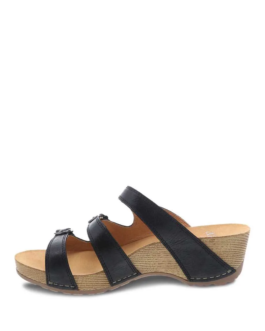 Dansko Womens Tarin Three Strap Slide Sandal- Black Smooth Leather