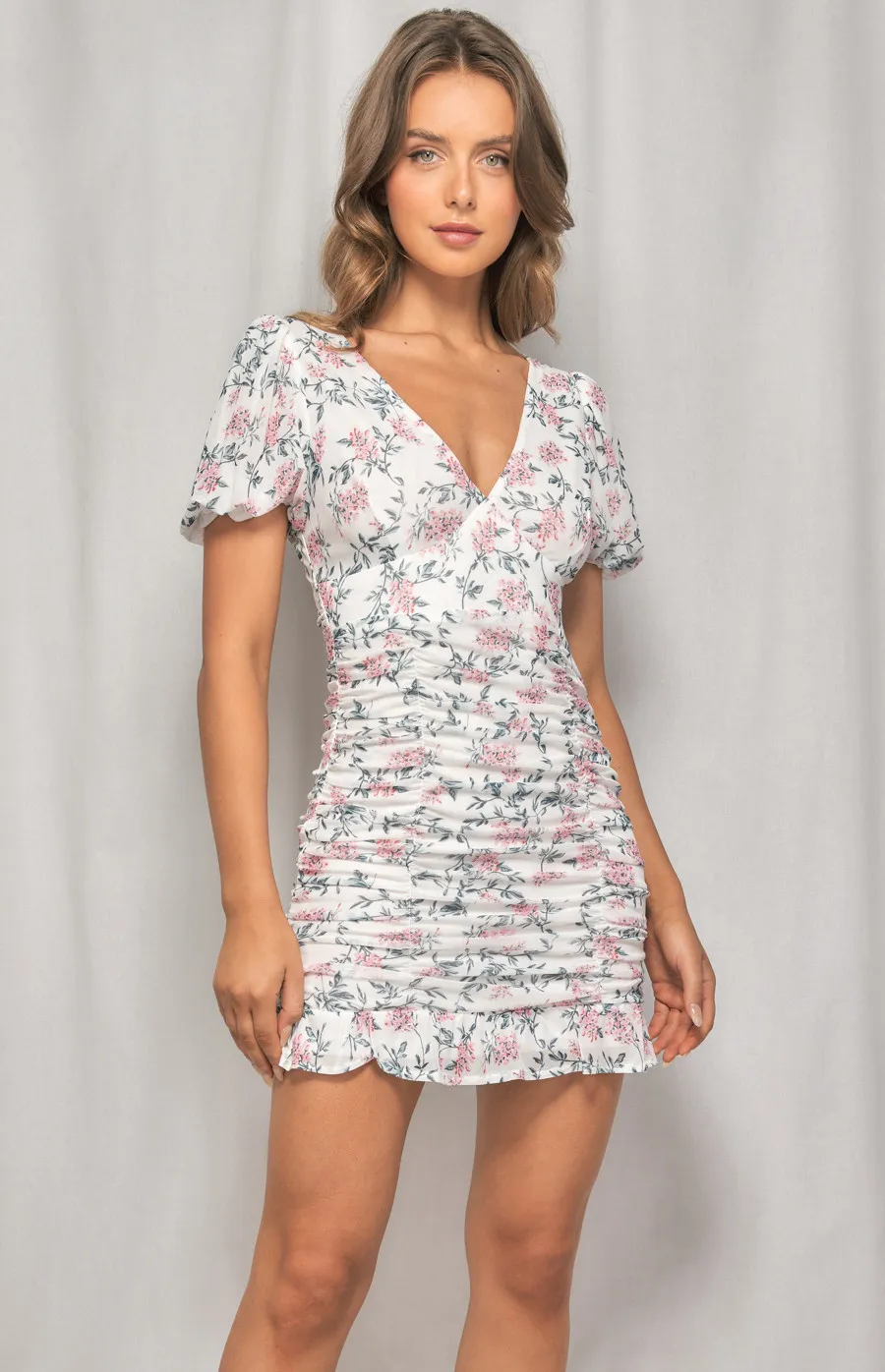 Floral Printed Mesh Ruche Mini Dress (WDR402A)