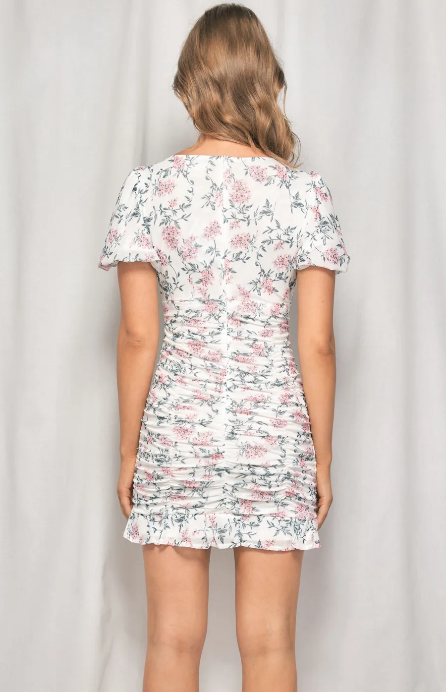 Floral Printed Mesh Ruche Mini Dress (WDR402A)