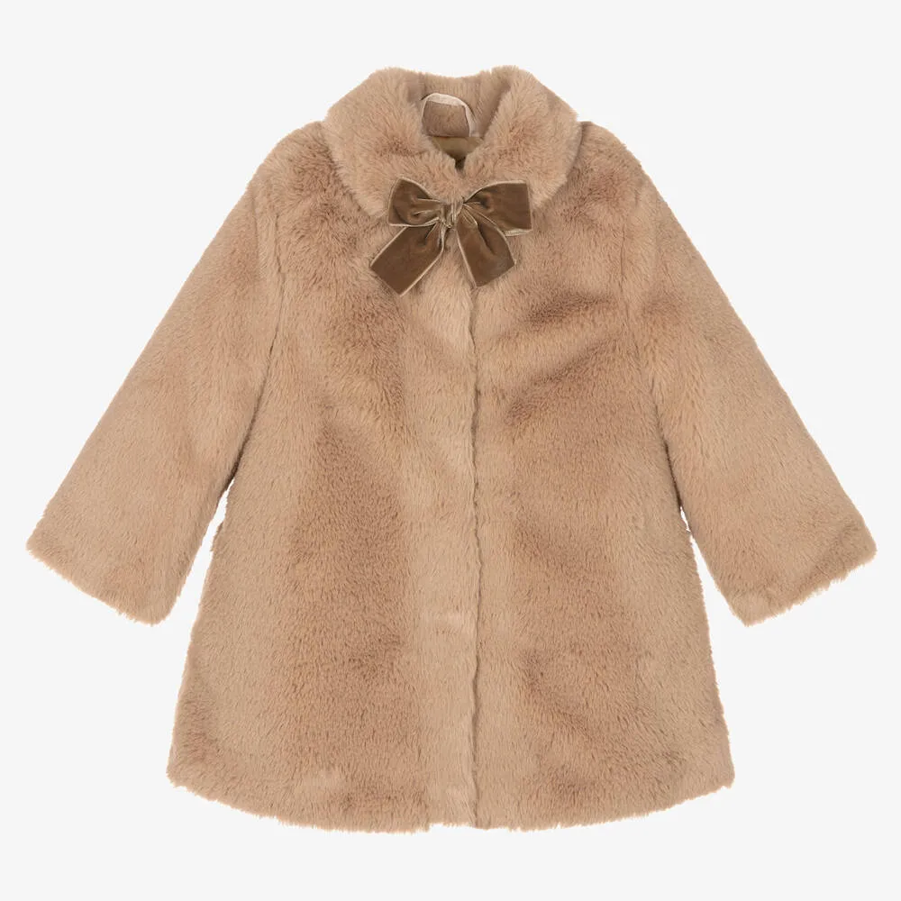 Girls Beige Faux Fur Coat