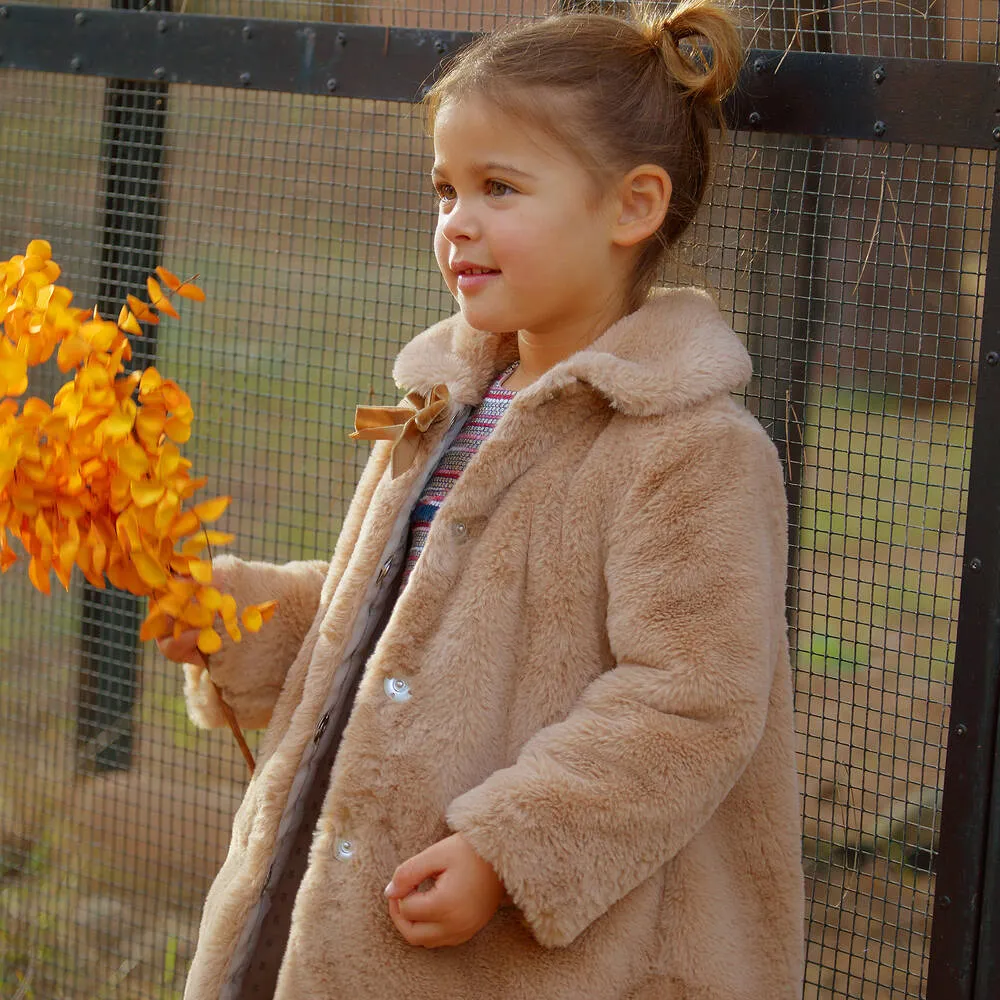 Girls Beige Faux Fur Coat