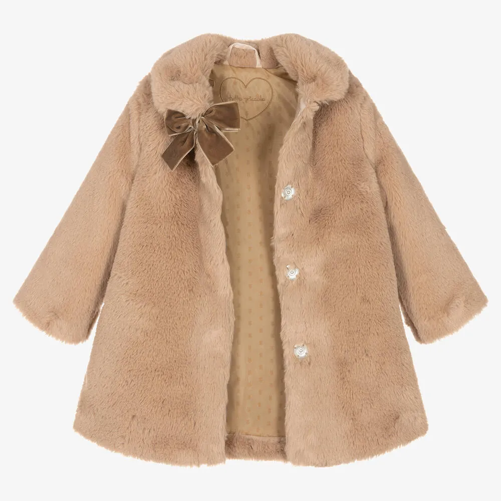 Girls Beige Faux Fur Coat