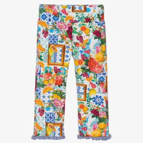 Girls Blue Cotton Floral Fruit Leggings