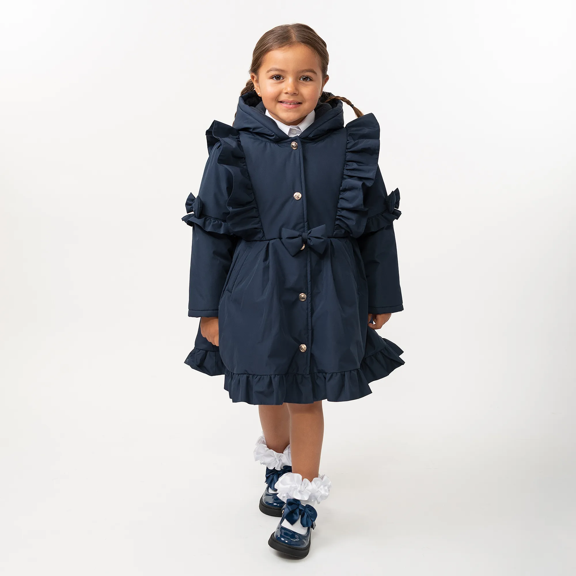 Girls Blue Hooded Bow Coat