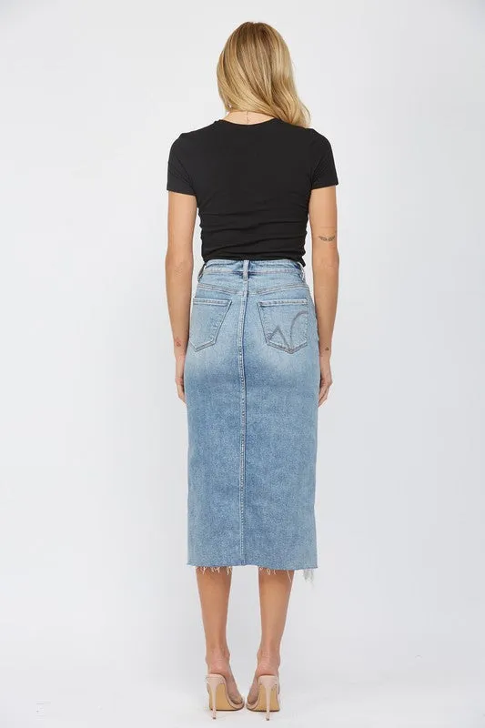 High Waisted Midi Skirt With Distress