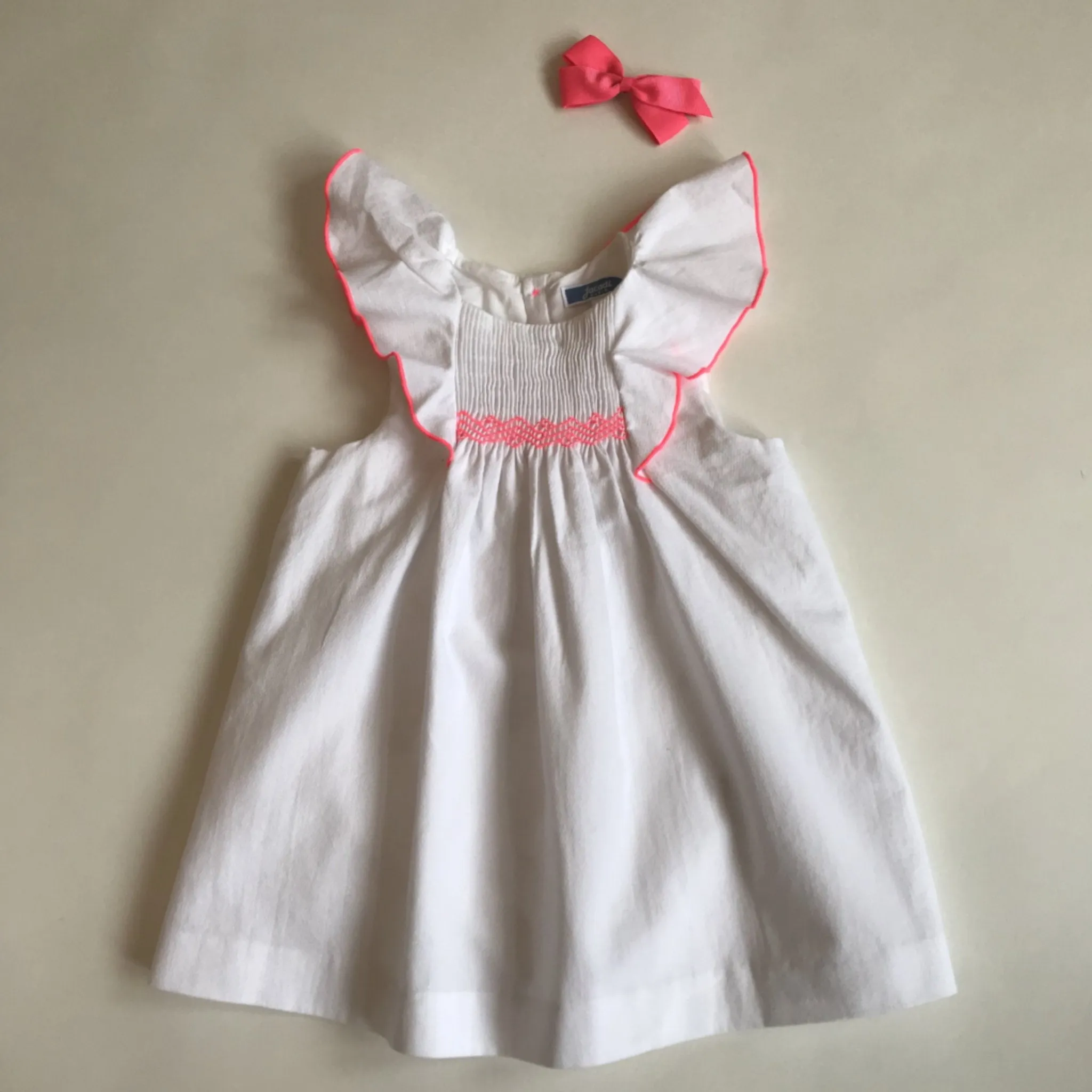 Jacadi White Cotton Dress With Neon Pink Trim: 18 Months