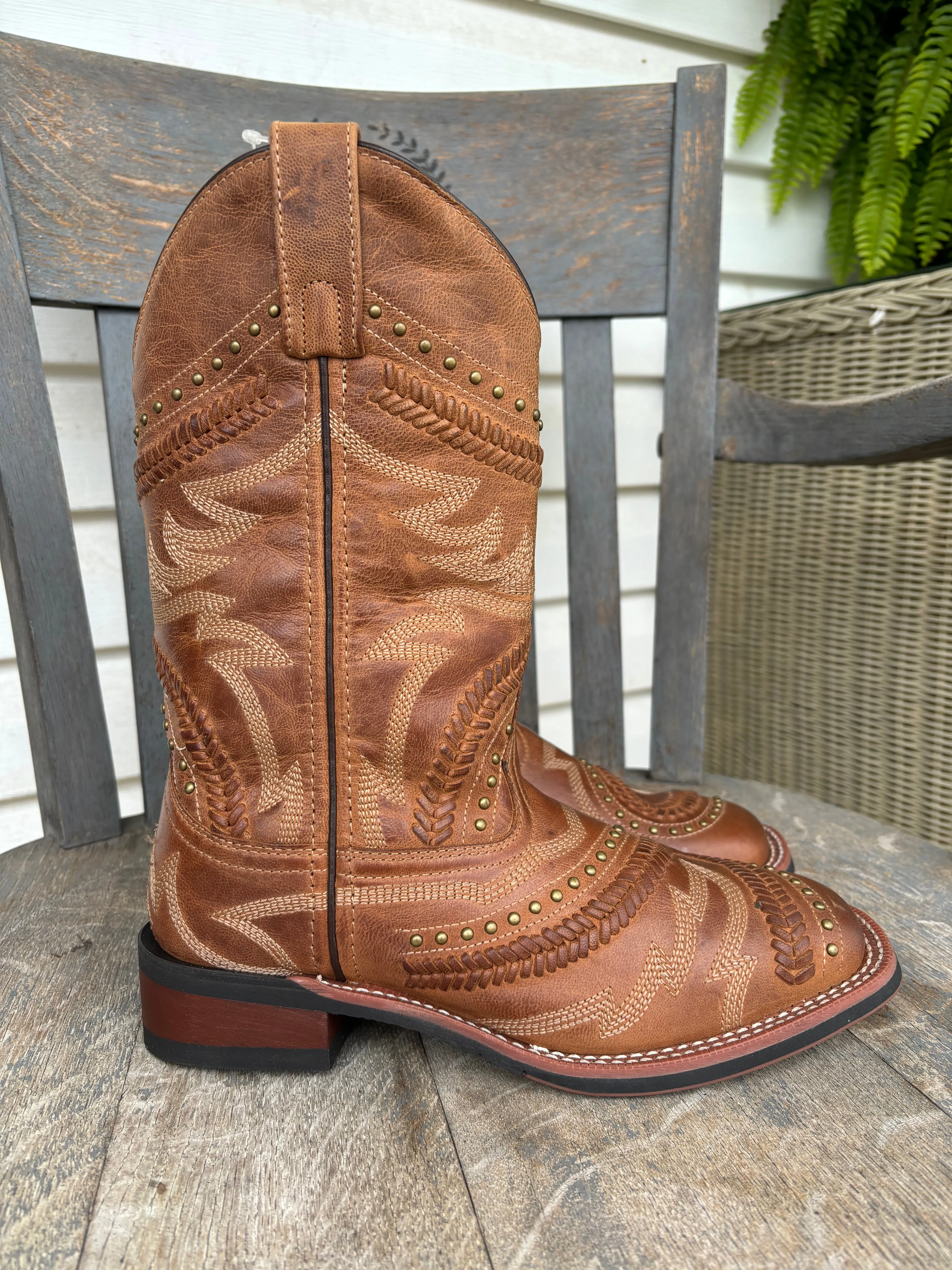 Laredo Women's Charli Tan Bucklace Stitched & Studded Square Toe Cowgirl Boots 5893