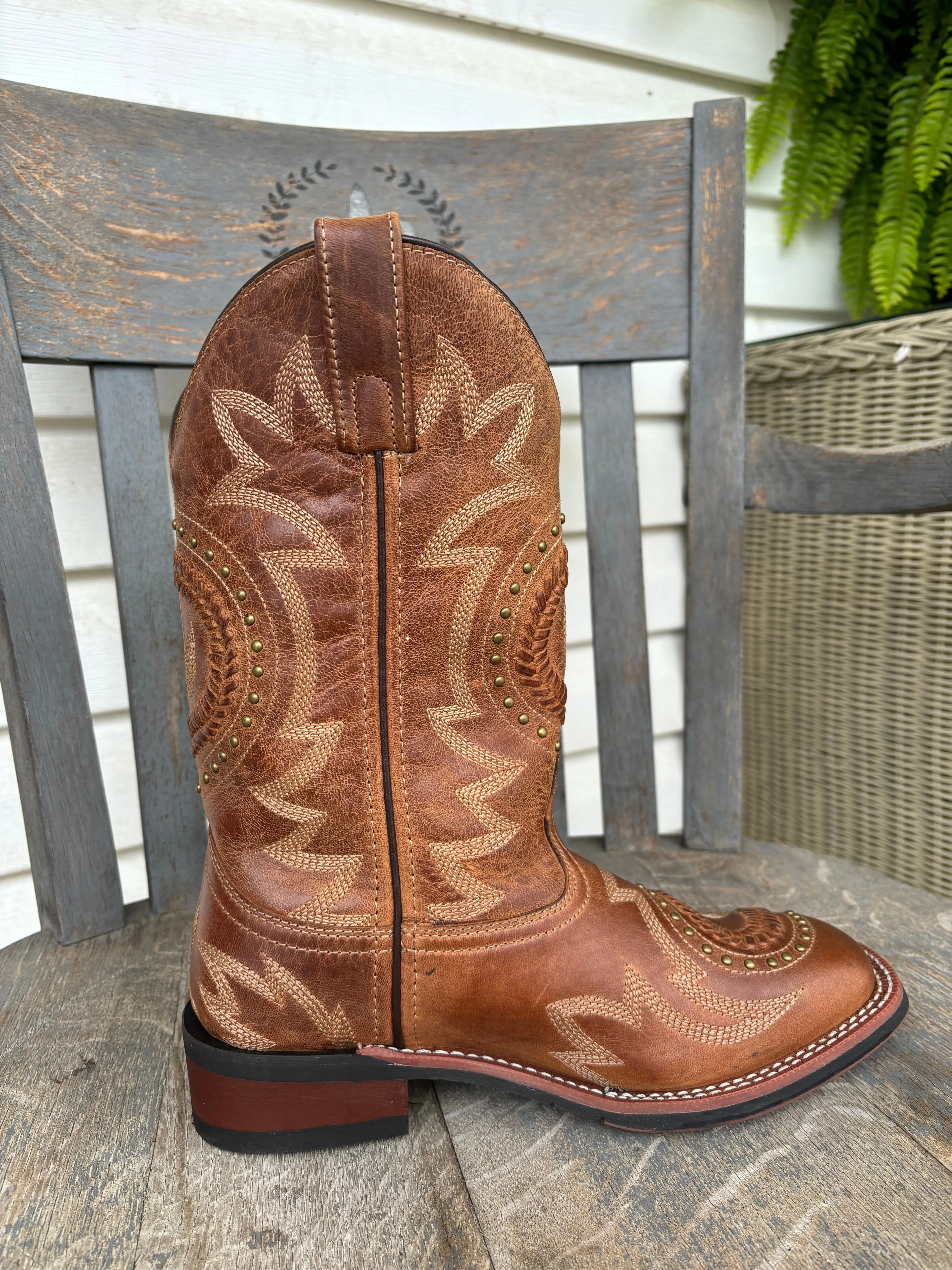 Laredo Women's Charli Tan Bucklace Stitched & Studded Square Toe Cowgirl Boots 5893