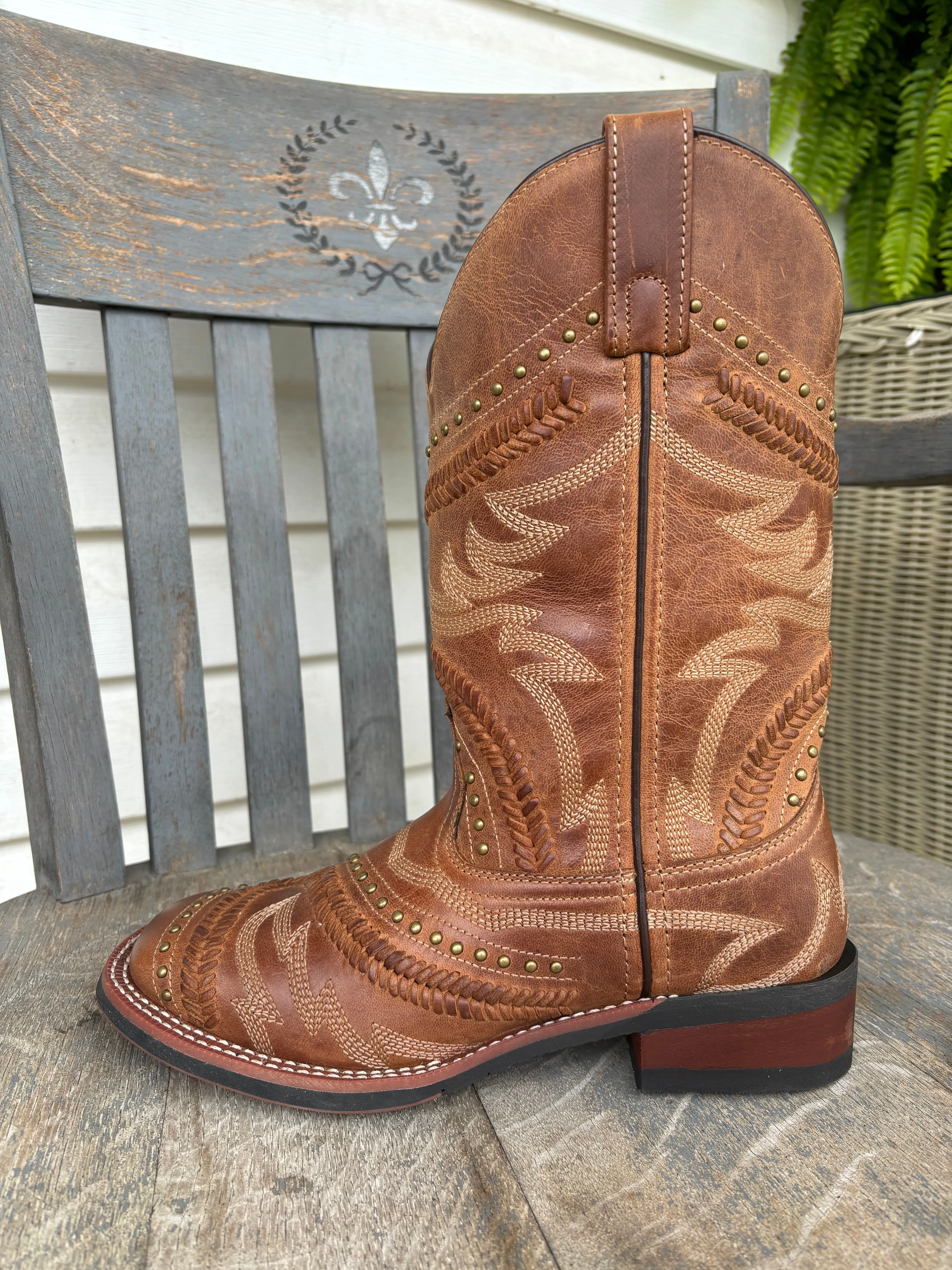 Laredo Women's Charli Tan Bucklace Stitched & Studded Square Toe Cowgirl Boots 5893