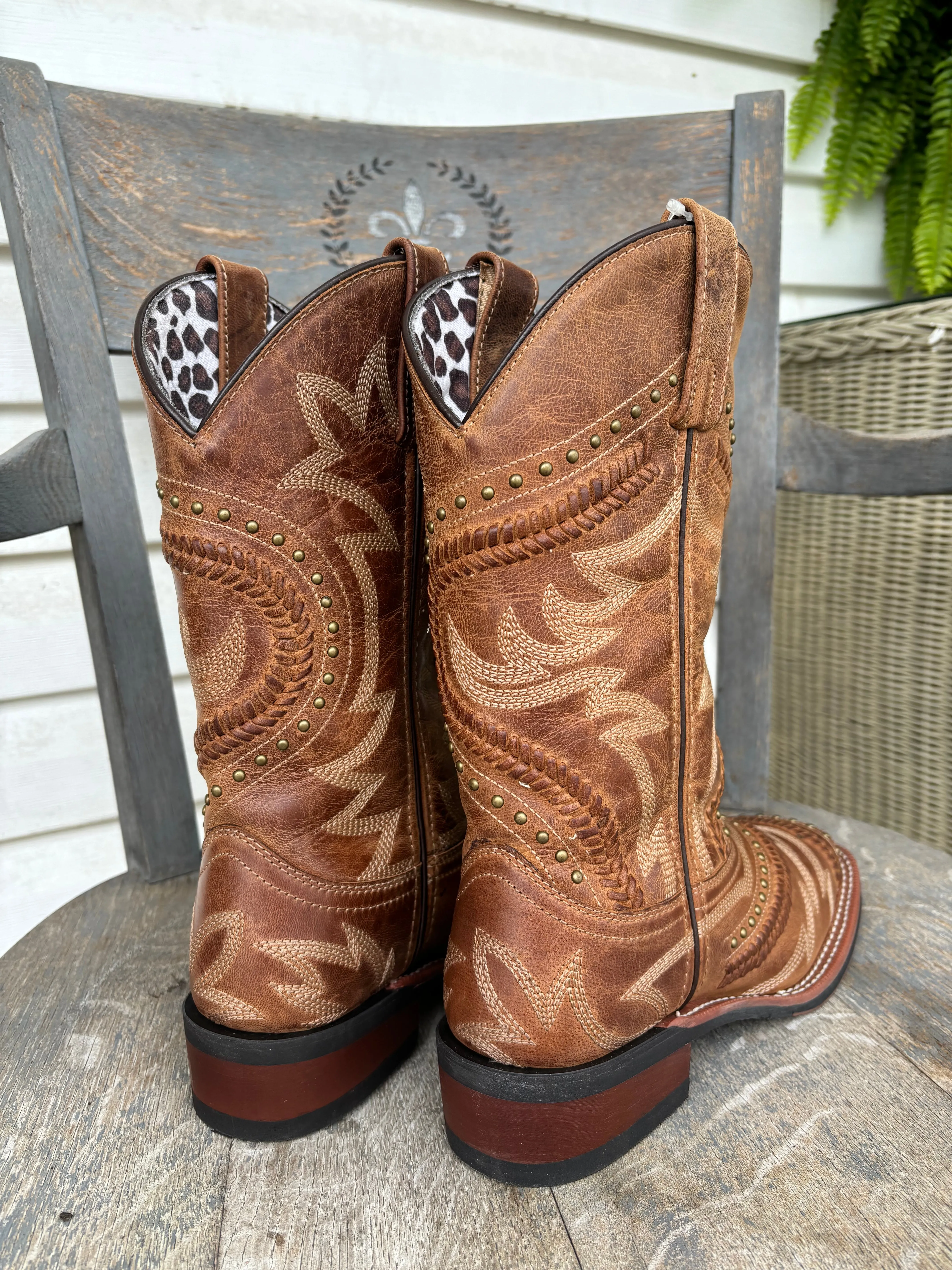 Laredo Women's Charli Tan Bucklace Stitched & Studded Square Toe Cowgirl Boots 5893