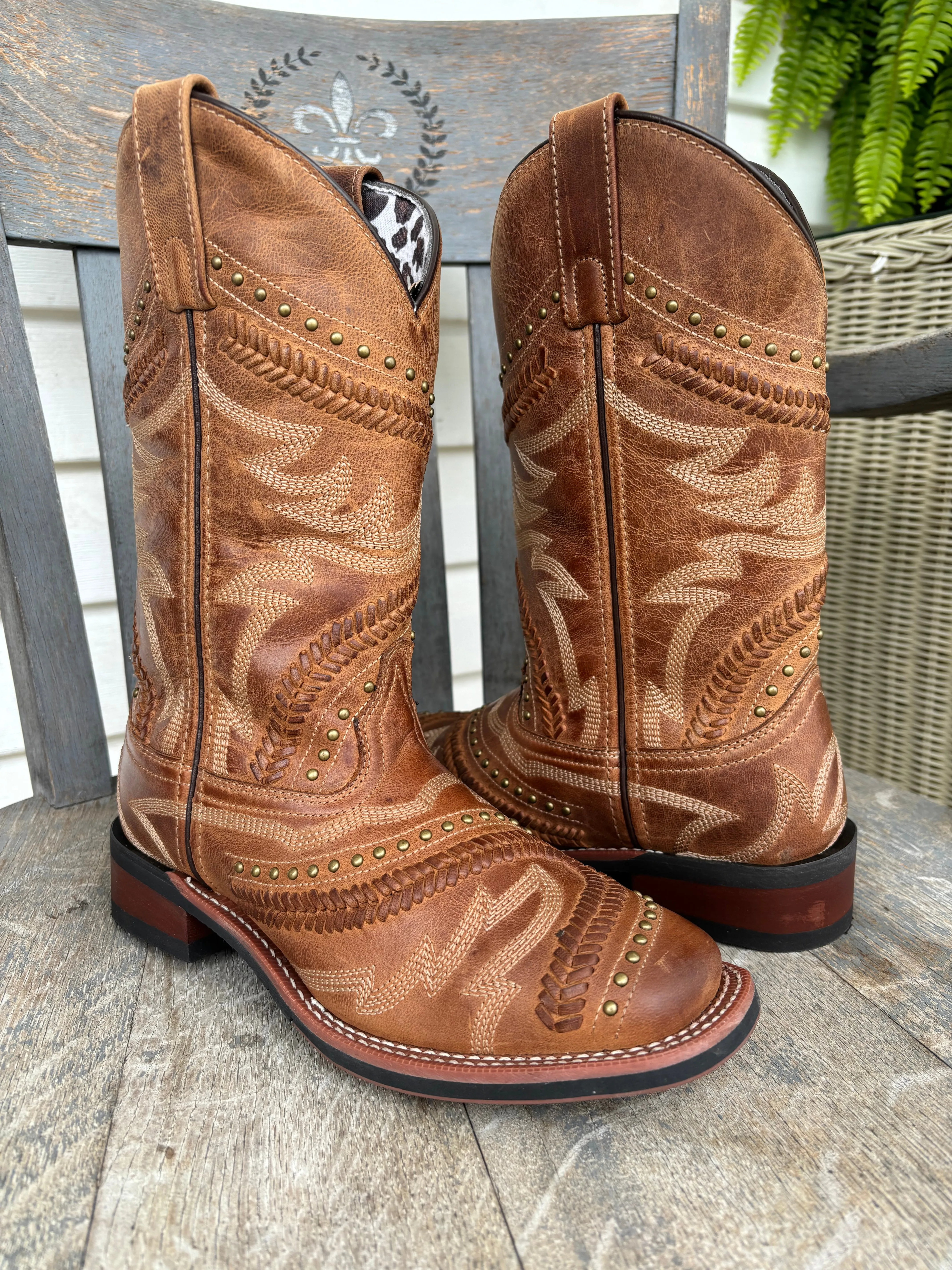 Laredo Women's Charli Tan Bucklace Stitched & Studded Square Toe Cowgirl Boots 5893