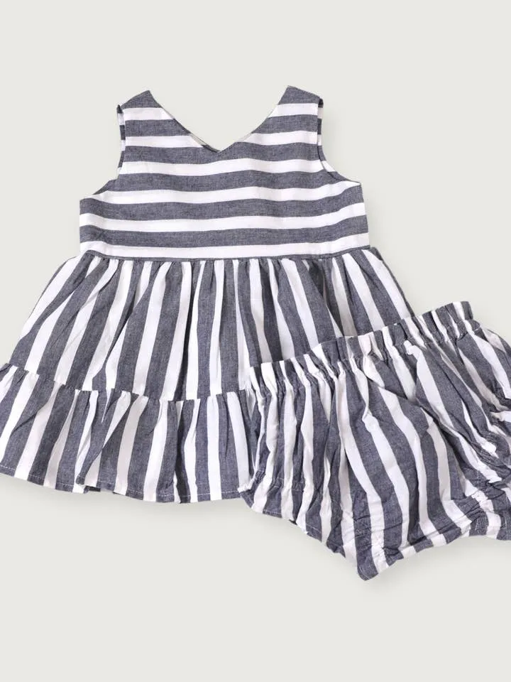 Lina Blue Stripe 2 Tier Baby Dress + Bloomer (Organic)