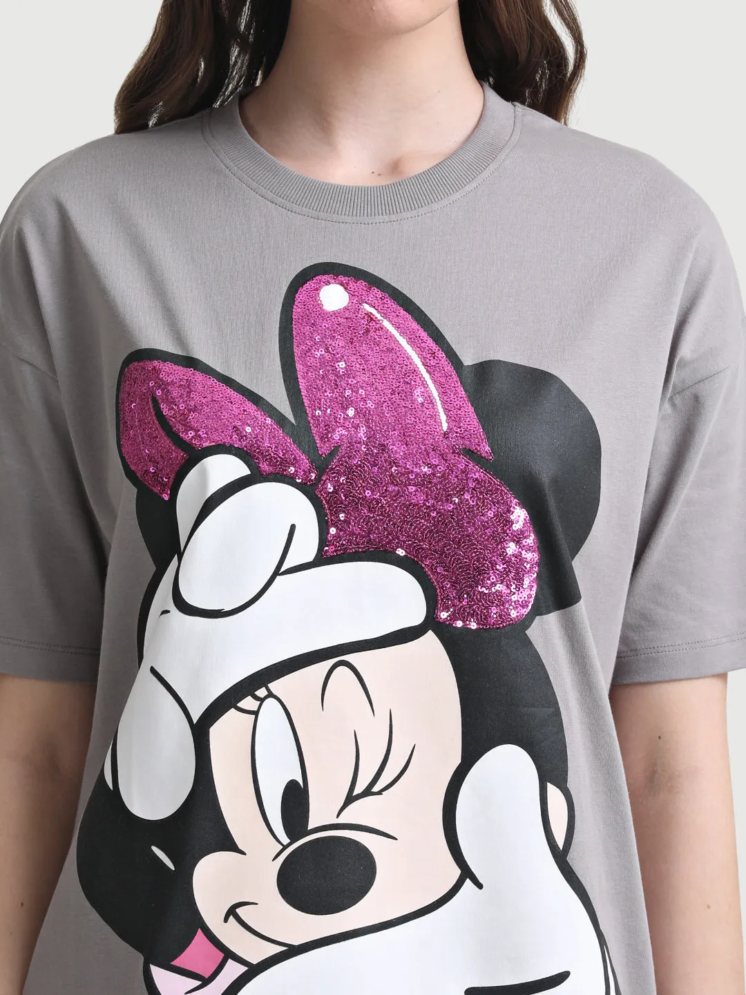 Minnie Graphic Print Long T-Shirt With Sequin