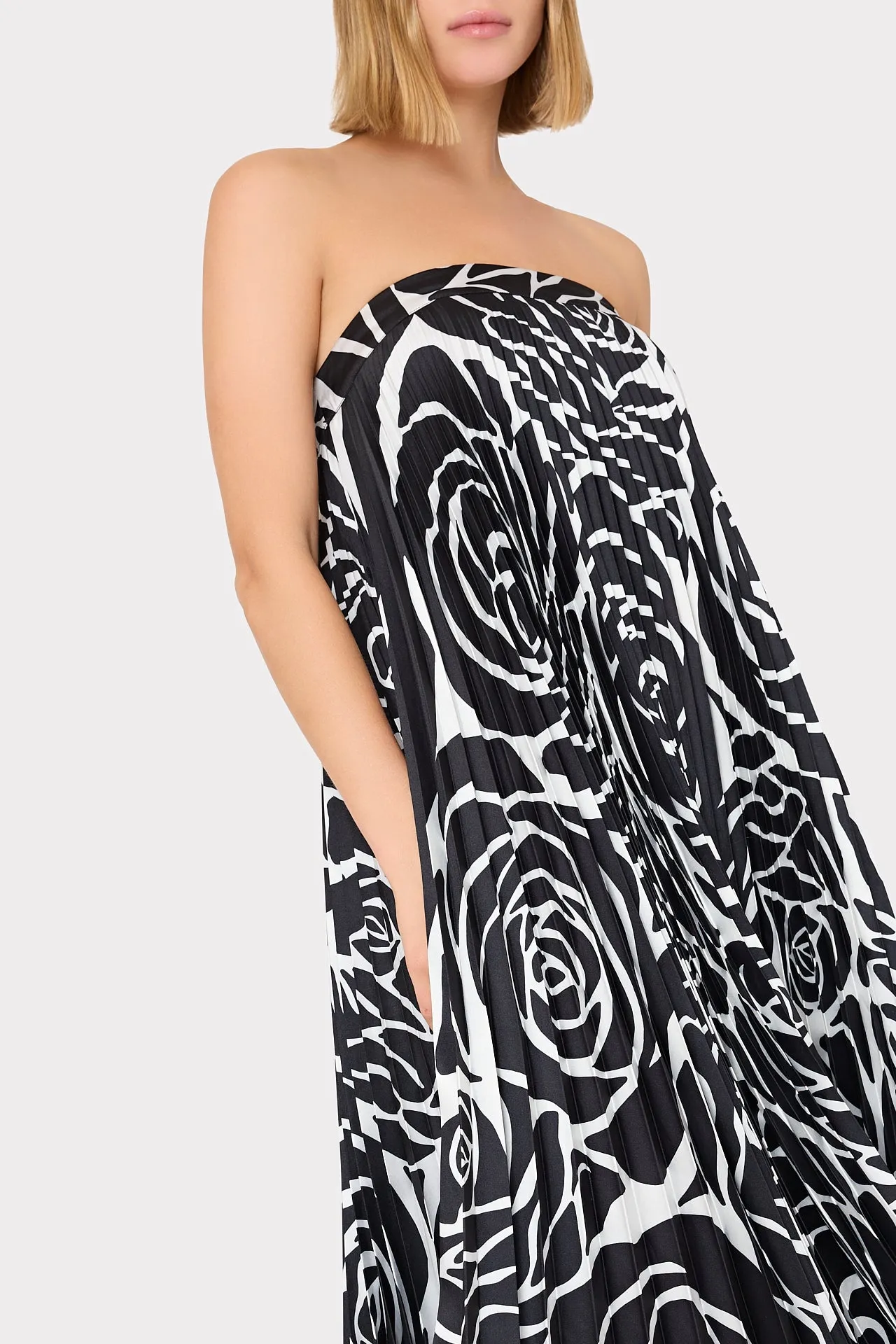 Nava Black Rose Strapless Pleated Dress