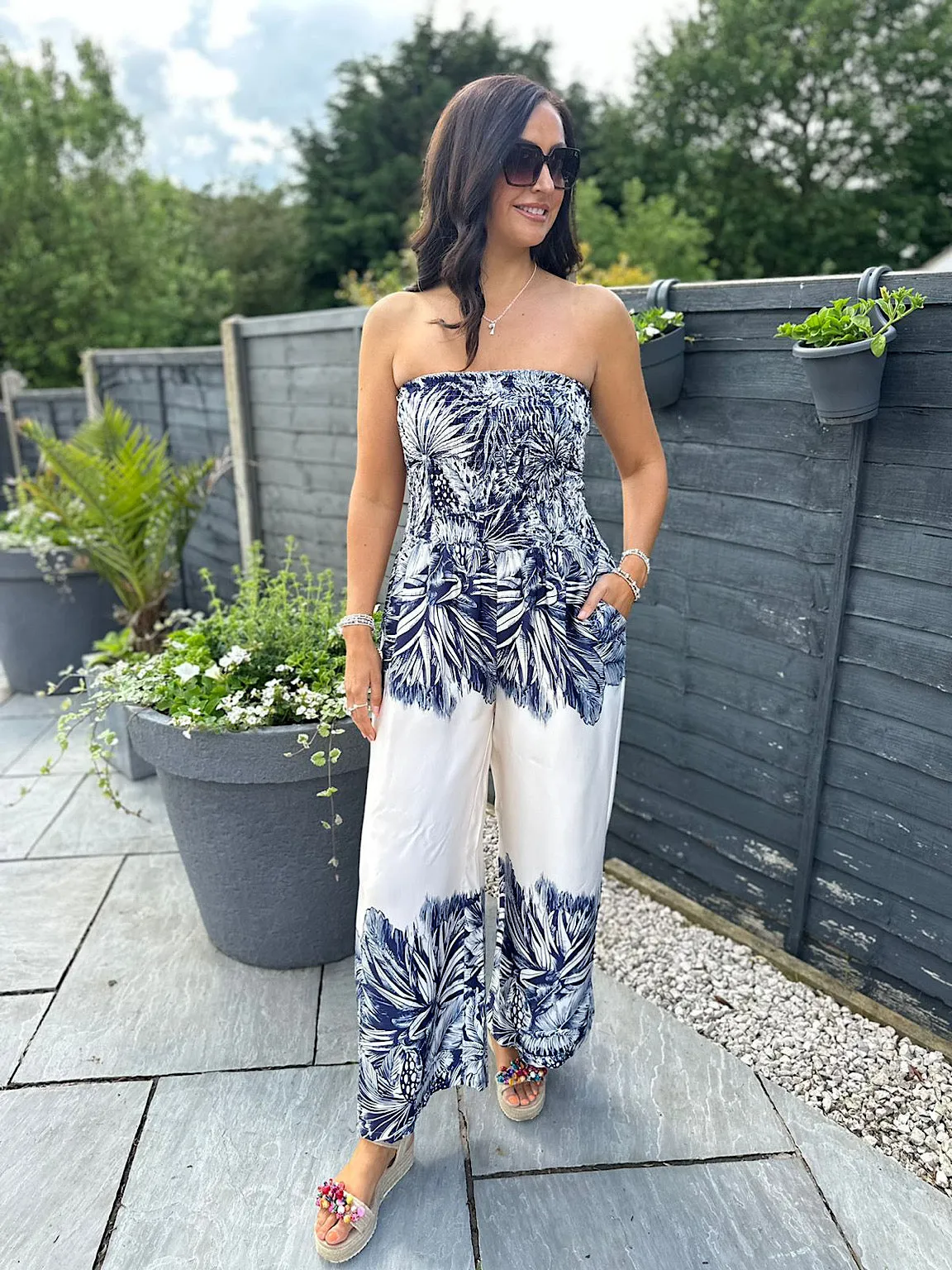 Navy Leaf Designed Panel Jumpsuit