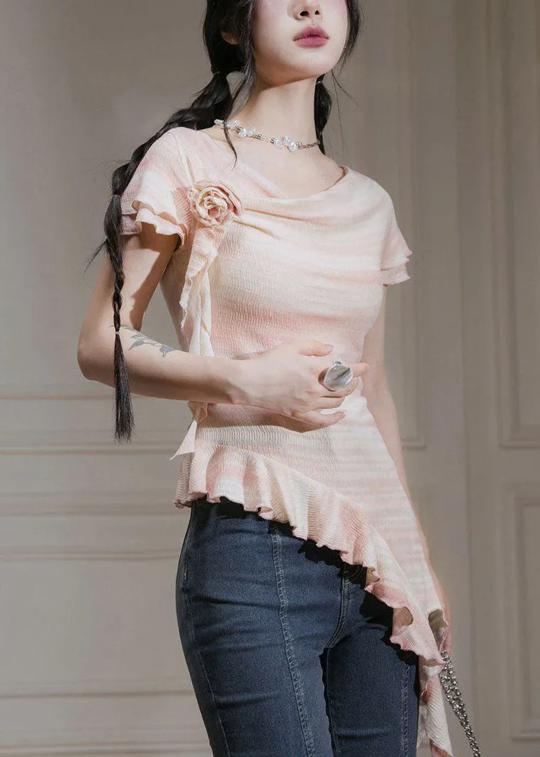 New Pink Asymmetrical Ruffled Cotton T Shirts Summer