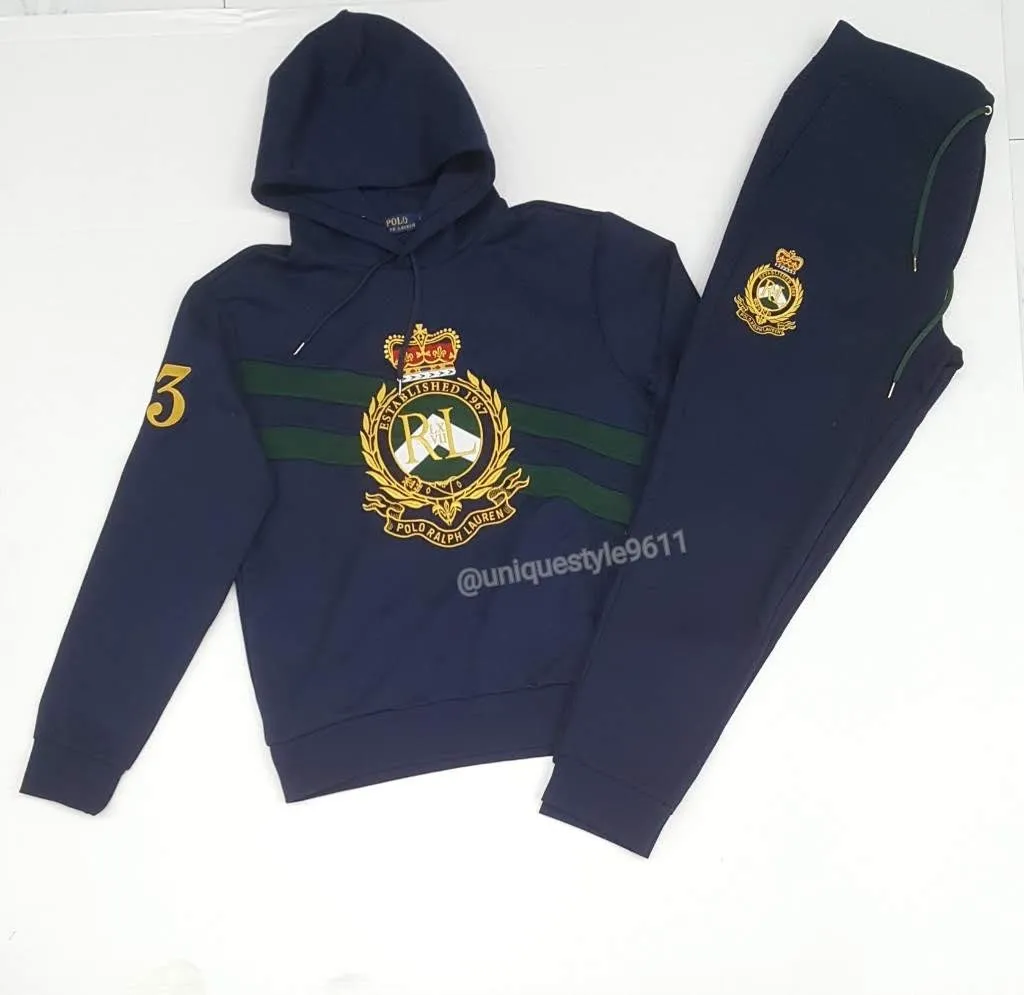 Nwt Polo Ralph Lauren Navy/Green Crest Pullover Hoodie with Matching Crest Joggers