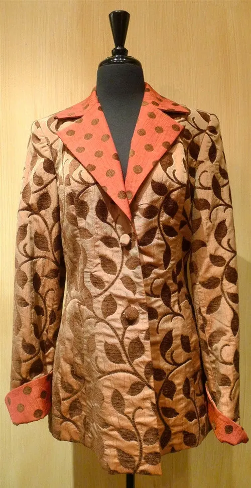 Quadrille Custom Brown Vine Jacket with Brick Polka Dot Collar