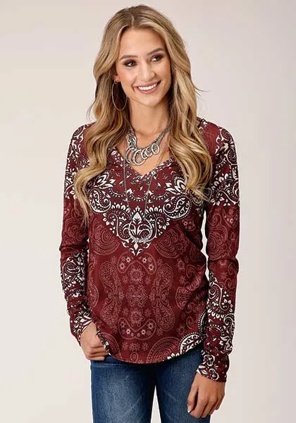 Roper Women's Maroon Sublimation Print Sweater Jersey Top