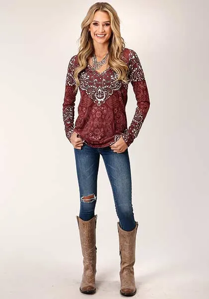 Roper Women's Maroon Sublimation Print Sweater Jersey Top