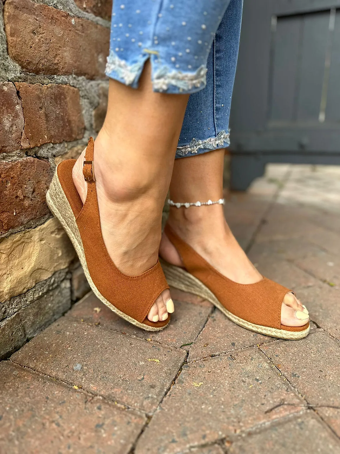 Tan Open Toe Canvas Wedge Sandals